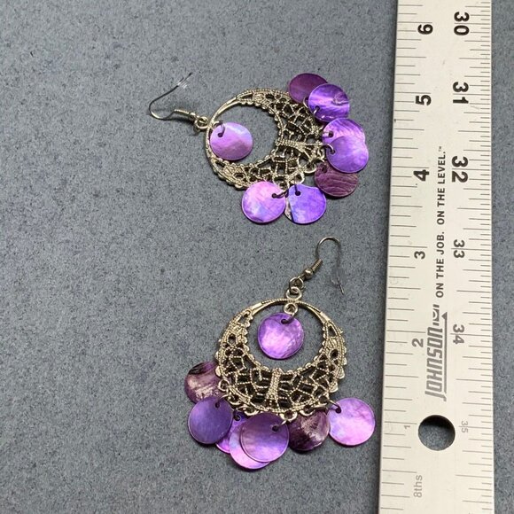 Filigree Hoop Dangle Earrings 2.5 In As Is Purple MOP Shell Vintage Silver - Picture 5 of 5